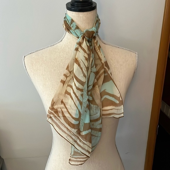 Made in Japan Vintage Scarf Teal and Brown and Cream.  Hand rolled silk - Picture 1 of 5